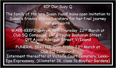 Suzie Q's Funeral Arrangement Released . 1
