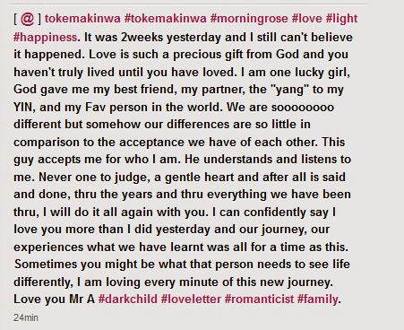Toke Makinwa Celebrates 2 Weeks Wedding Anniversary, Read Her Lovely Message To Her Husband Maje 2