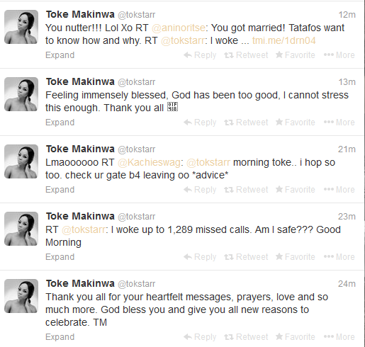 After News Of Toke Makinwa's Secret Wedding Broke Last Night, Nigerian's Bombard Her With Calls. See Her Tweets 6