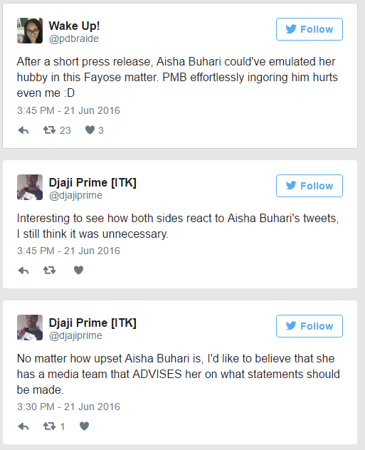 Nigerians React To Buhari's Wife Aisha Calling Governor Fayose A Goat 4