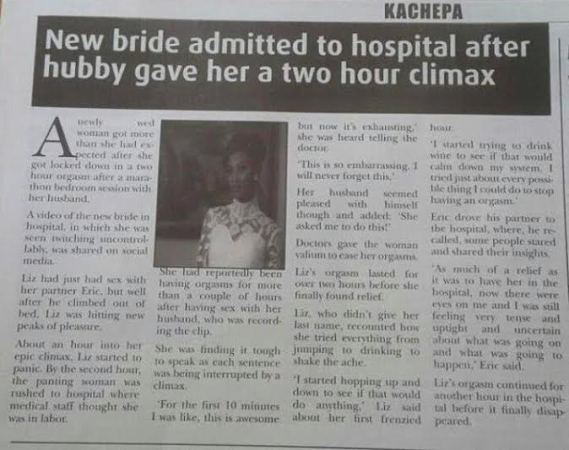New bride admitted to hospital after husband gives her two-hour climax 1