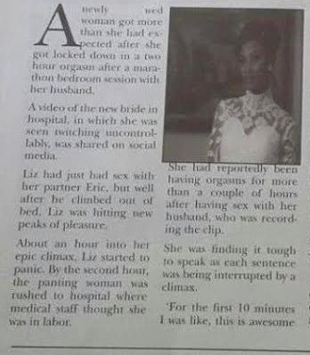 New bride admitted to hospital after husband gives her two-hour climax 2