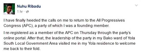 Former EFCC Chairman Nuhu Ribadu Dumps PDP, Re-joins APC 2