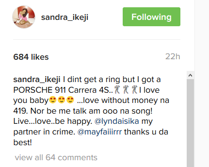 Linda Ikeji's Sister Sandra Gets A Porshe Carrera As Birthday Gift From Her Man - Says "Love Without Money Na 419" [Photos] 8