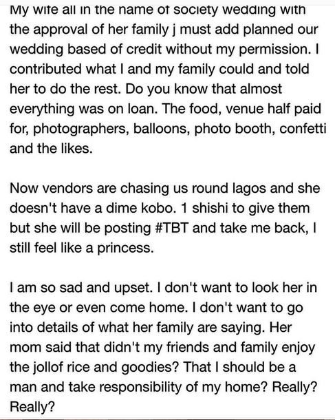 How My Wife Plunged me into Debts in the Name of Society Wedding in Lagos - Frustrated Man Cries Out 8