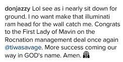 Don Jazzy congratulates Tiwa Savage on her Roc Management deal 2