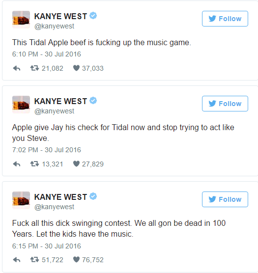 Kanye West Goes On Twitter Rant, Tells Apple Music to Buy Jay-Z’s Tidal 2