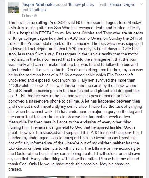 Father Narrates How His Son Survived a 4400kv Electric Shock from an Exposed Armoured Cable in Lagos (Photos) 2