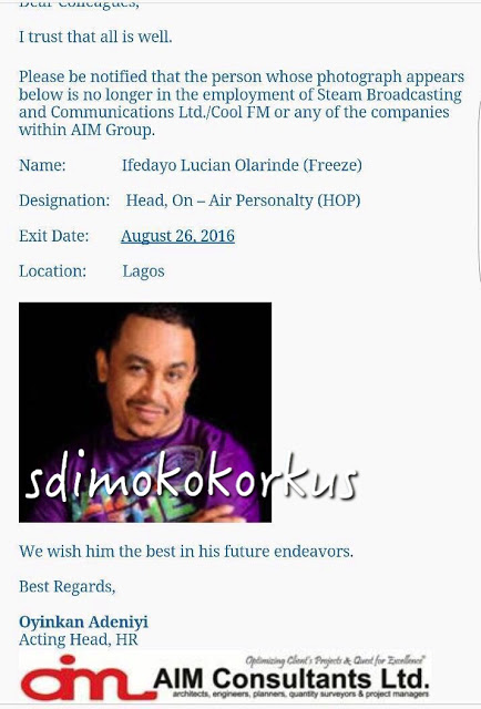 Daddy Freeze Fired by Cool FM? Read his reaction and also see a letter which confirms he was sacked 4