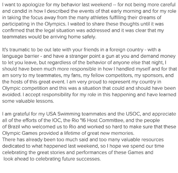 Ryan Lochte apologises for lieing about robbery incident at Rio Olympics 2