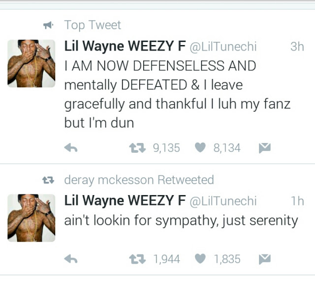 Lil Wayne tweets that he's “defenseless” and “mentally defeated”, Retiring From Music 2