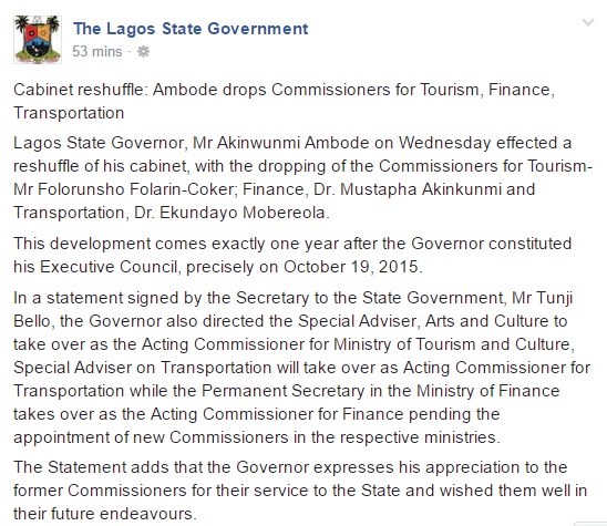 Lagos State Governor, Ambode Sacks Commissioners Of Finance, Transport and Tourism 2