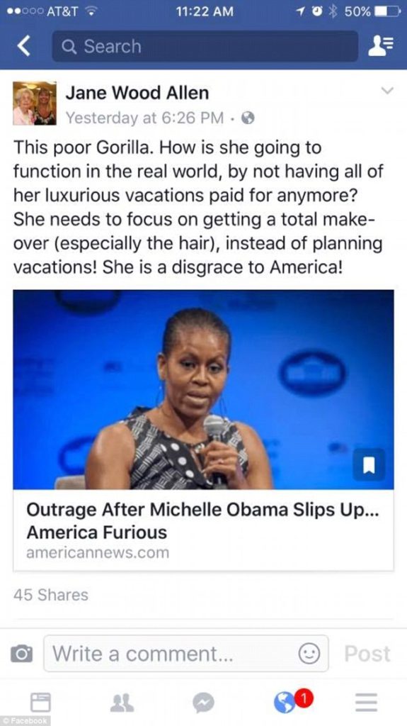 Teacher fired after calling Michelle Obama ‘gorilla’ and saying she's a disgrace to America on Facebook 2