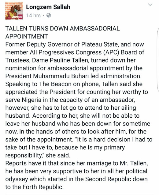 Former Deputy Governor of Plateau State Rejects Ambassadorial Appointment To Take Care Of Sick Husband 1