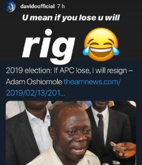 Davido Trolls Adams Oshiomhole Over Plans To Rig The Presidential Election 2