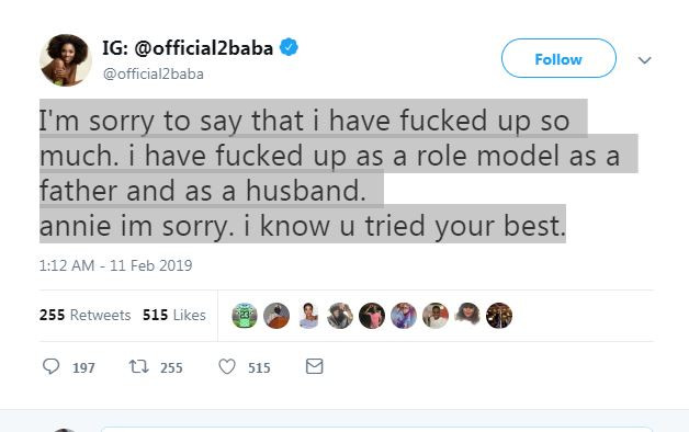Nigerians Go Wild Wondering Why 2Face Is Apologizing To His Wife, Annie Idibia On Twitter 2