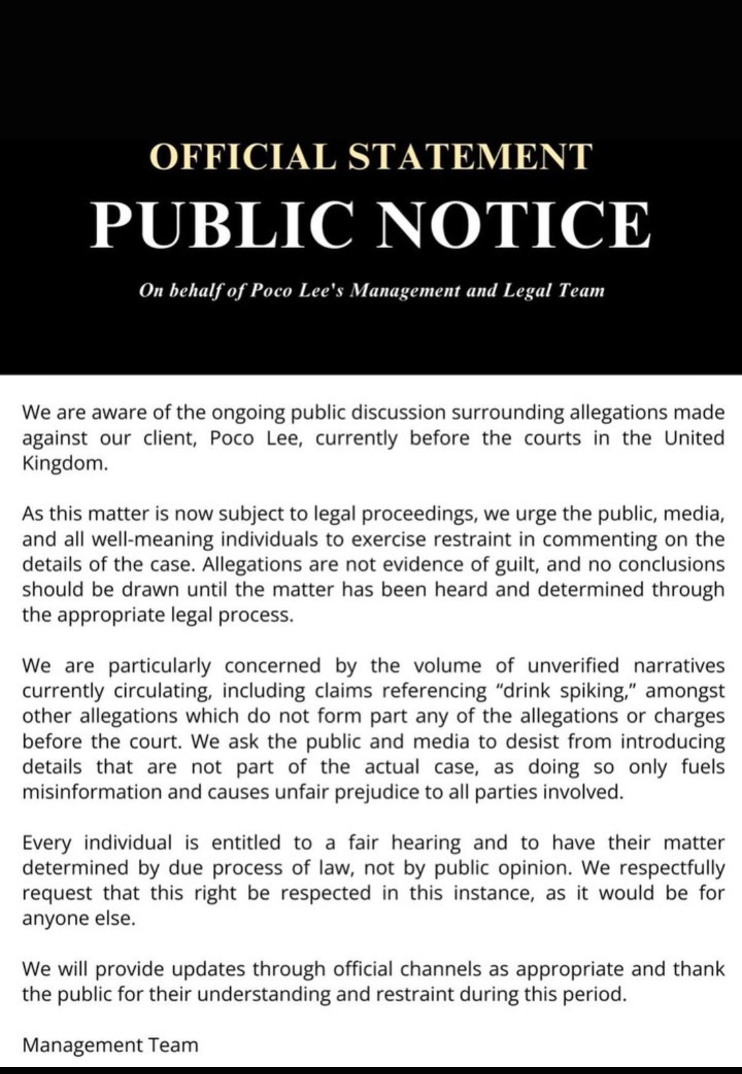 Poco Lee’s Management Warns Against Unverified Claims Over UK Court Case