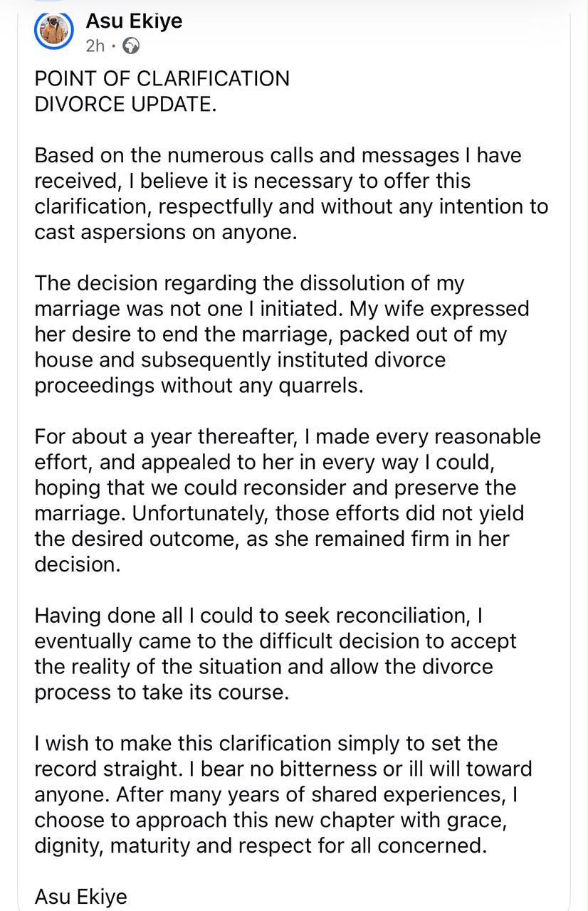 "My Wife Left Home And Filed For Divorce Without Any Quarrel" - Gospel Singer Asu Ekiye